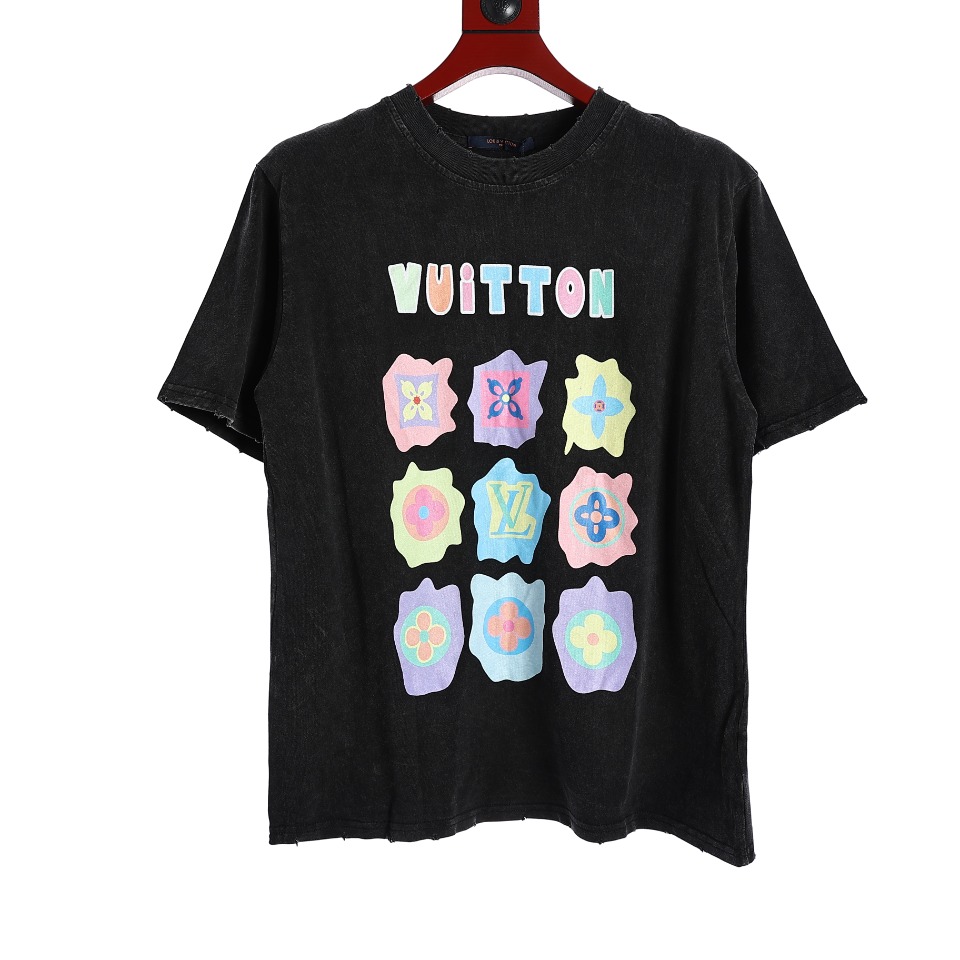 YESKICKS Louis Vuitton Nine-Patterned Three-Flower Washed And Aged Style T-Shirt For Unisex