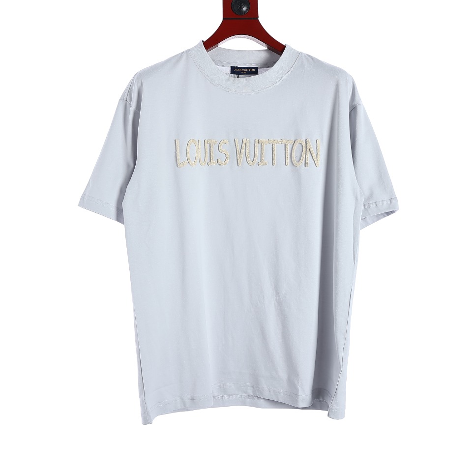 YESKICKS Louis Vuitton Embroidered Logo Letter T-Shirt For Unisex Grayish Blue And White