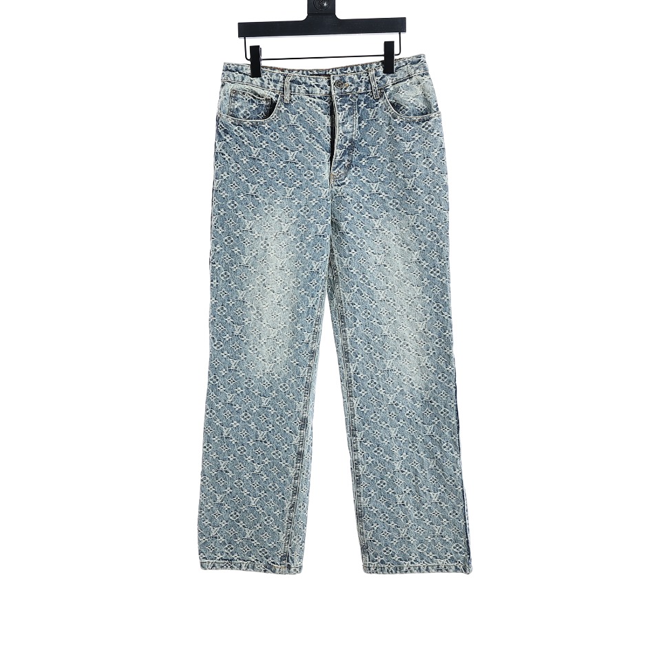 YESKICKS Louis Vuitton Monogram Jacquard Straight Leg Washed Denim Pants For Unisex