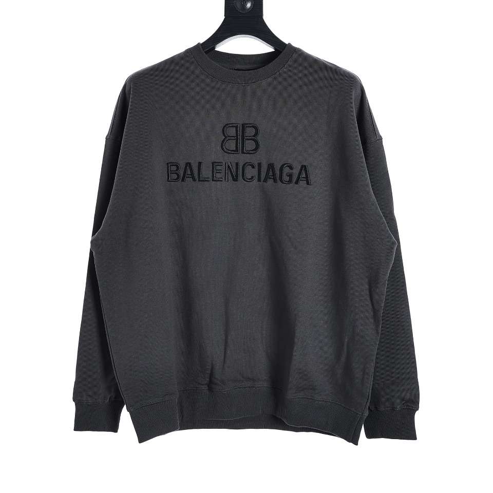 YESKICKS Balenciaga Double B Logo Embroidered Crew Neck Sweatshirt For Unisex Deep Gray Light Gray And Light Blue