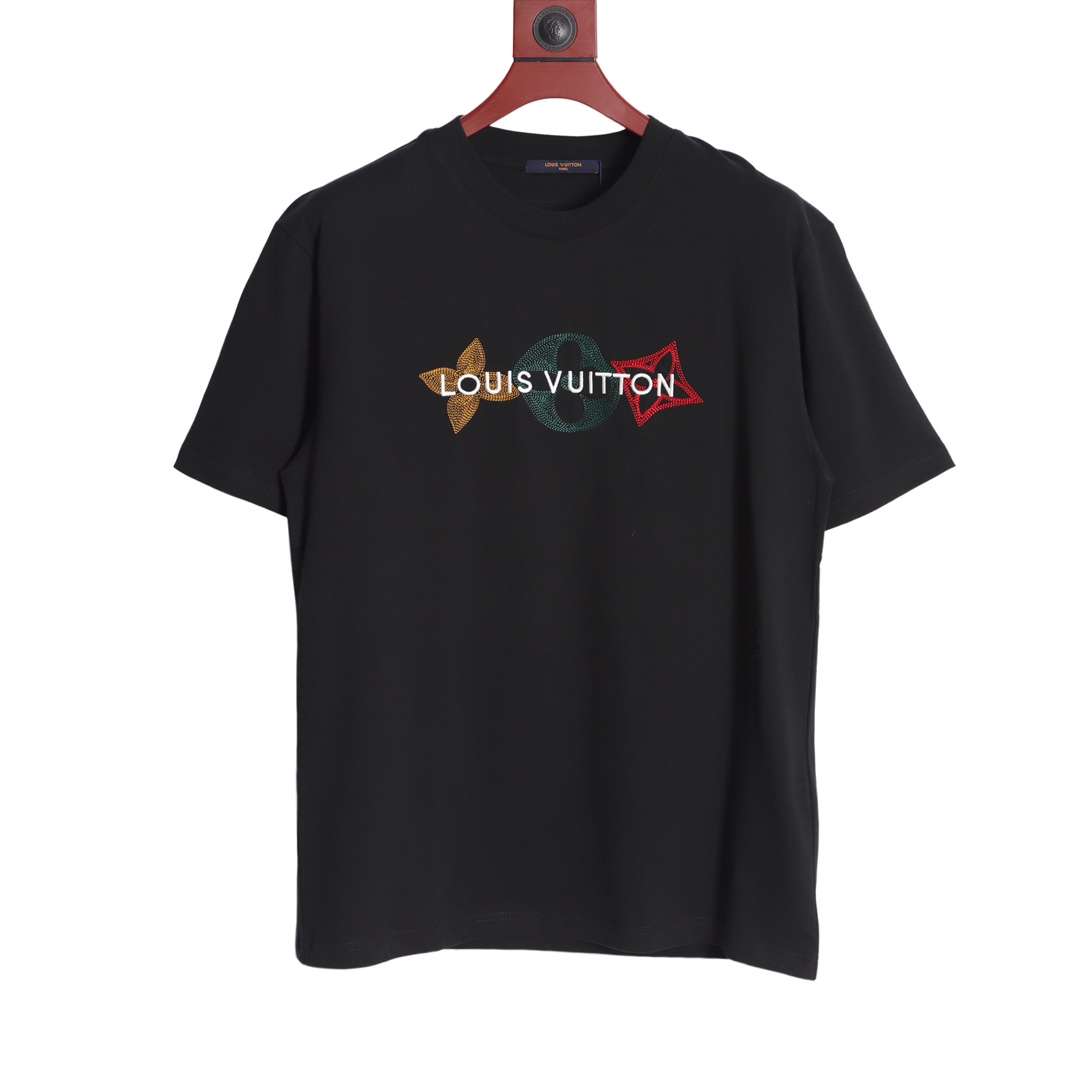 YESKICKS Louis Vuitton Embroidered Tri-Floral Letter T-Shirt For Unisex Black And White