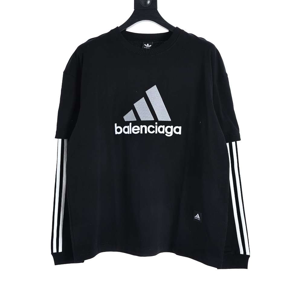 YESKICKS Balenciaga x Adidas Embroidered Fake Two Piece Sweatshirt For Unisex Black And White