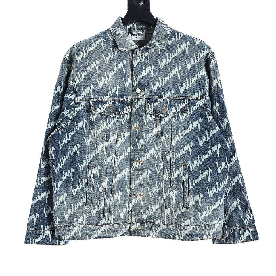 YESKICKS Balenciaga Monogram Graffiti Denim Jacket For Unisex Black And Blue