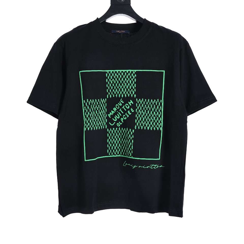 YESKICKS Louis Vuitton Flocked Foam Printed T-Shirt Green Checkerboard For Unisex