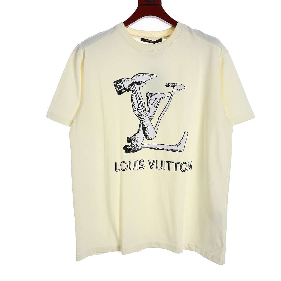 YESKICKS Louis Vuitton Hammer Tools Graphic Letter T-Shirt For Unisex Black And Apricot