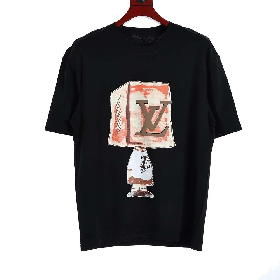 YESKICKS Louis Vuitton Square Cartoon Character Print Short Sleeve T-Shirt For Unisex Black And White