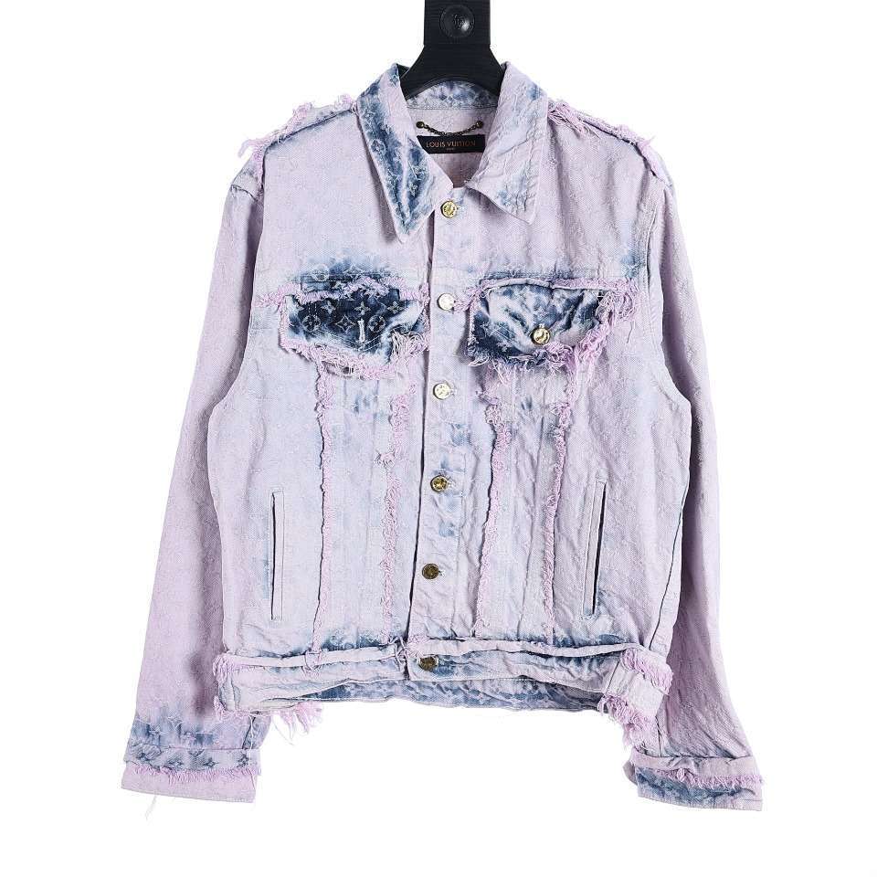 YESKICKS Louis Vuitton Jacquard Washed Purple Fringed Denim Jacket For Unisex