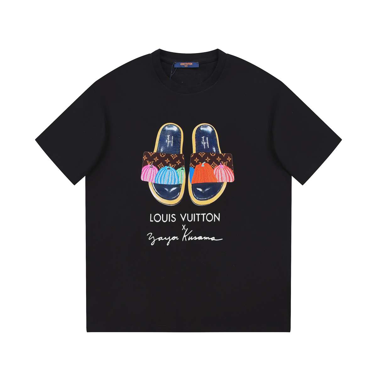 YESKICKS Louis Vuitton Slippers Cartoon Print T-Shirt For Unisex Black And White