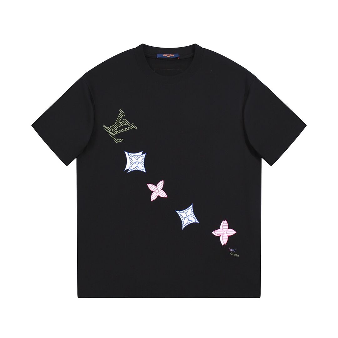 YESKICKS Louis Vuitton Color Clash Logo Flower Print T-Shirt For Unisex Black