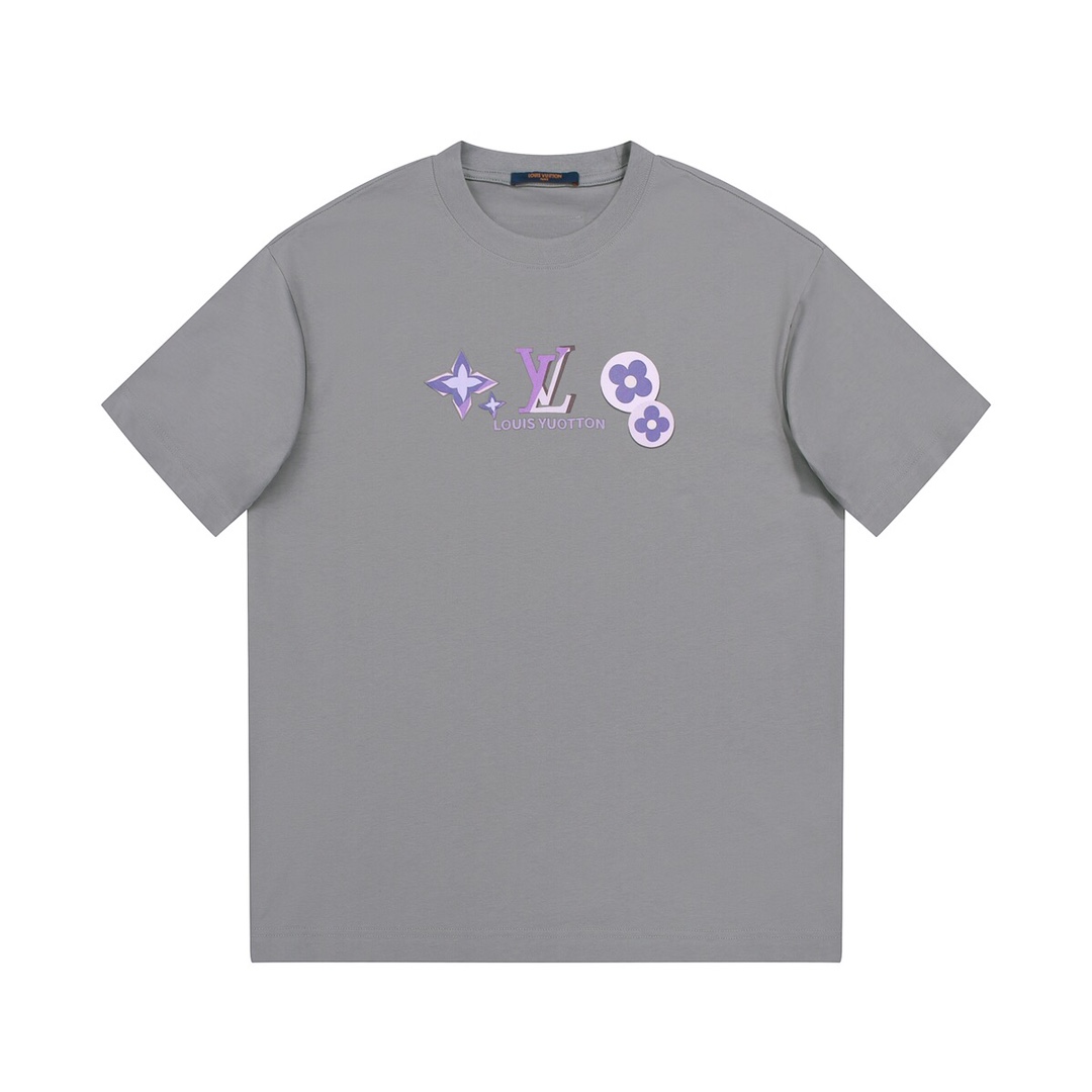 YESKICKS Louis Vuitton Color Clash Logo Flower Print T-Shirt For Unisex Gray And Apricot