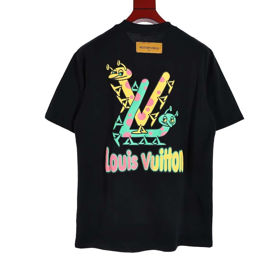 YESKICKS Louis Vuitton Colorful Graffiti Logo Cartoon Foam Printed T-Shirt For Unisex Black And Apricot