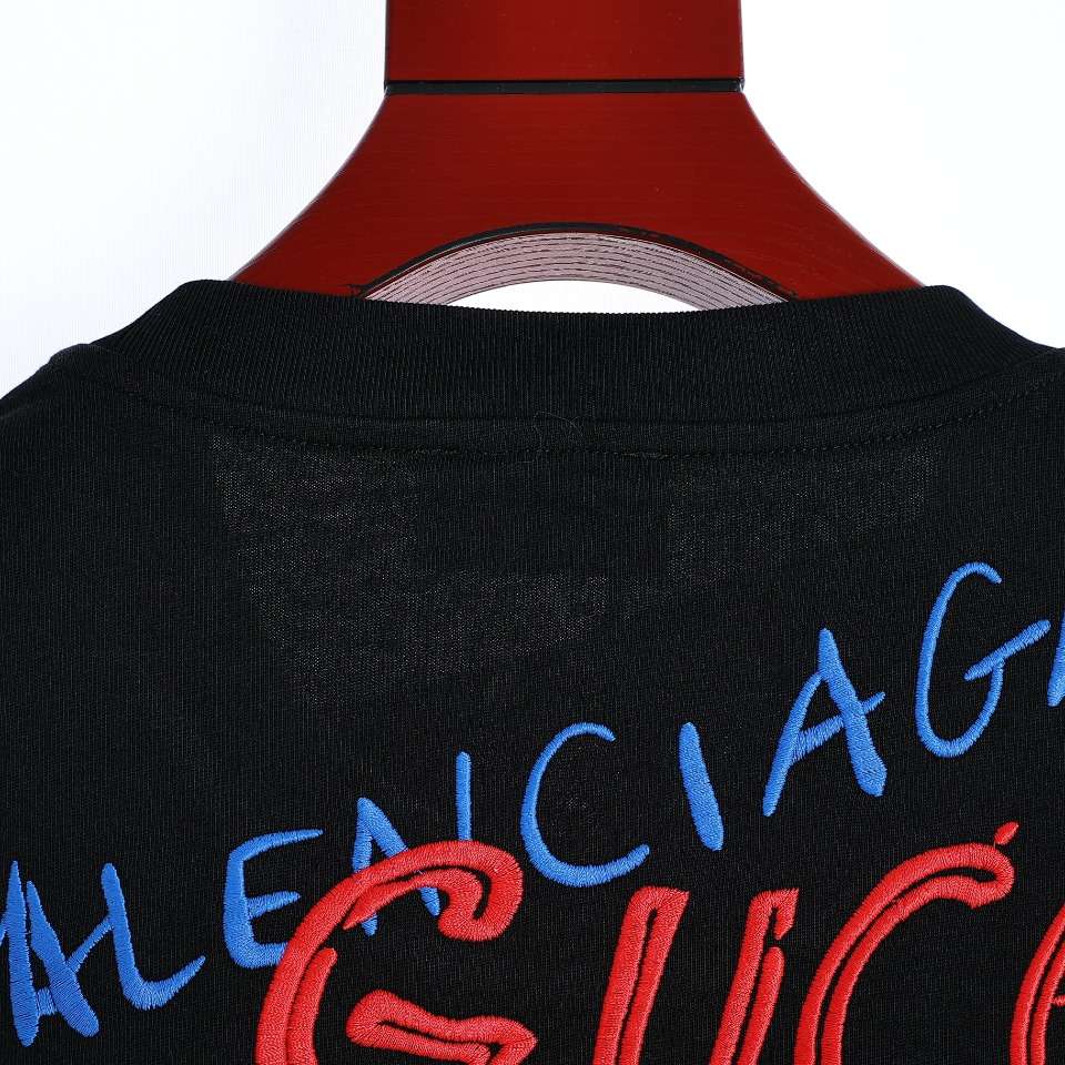 YESKICKS Gucci x Balenciaga Back Embroidery Round Neck T-Shirt For Unisex Black And Apricot