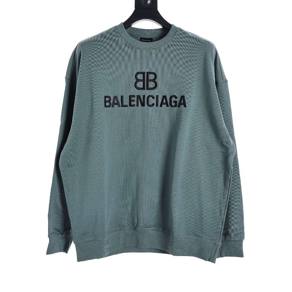 YESKICKS Balenciaga Double B Logo Embroidered Crew Neck Sweatshirt For Unisex Deep Gray Light Gray And Light Blue