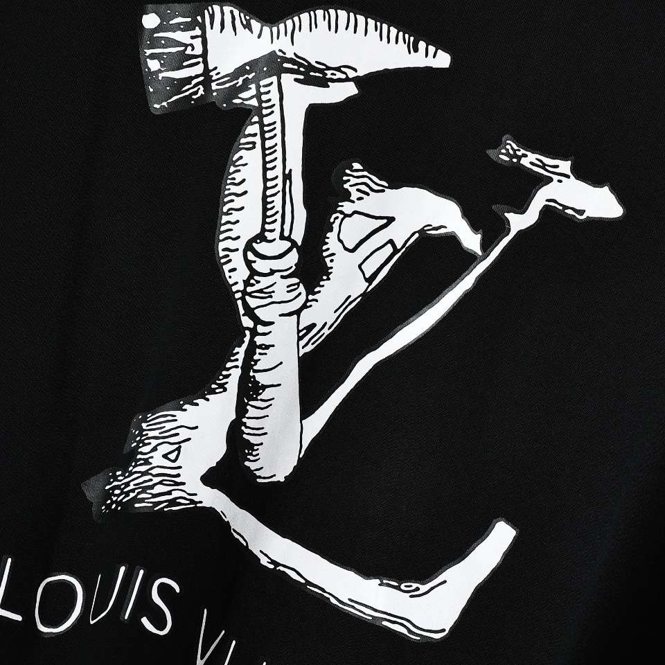 YESKICKS Louis Vuitton Hammer Tools Graphic Letter T-Shirt For Unisex Black And Apricot