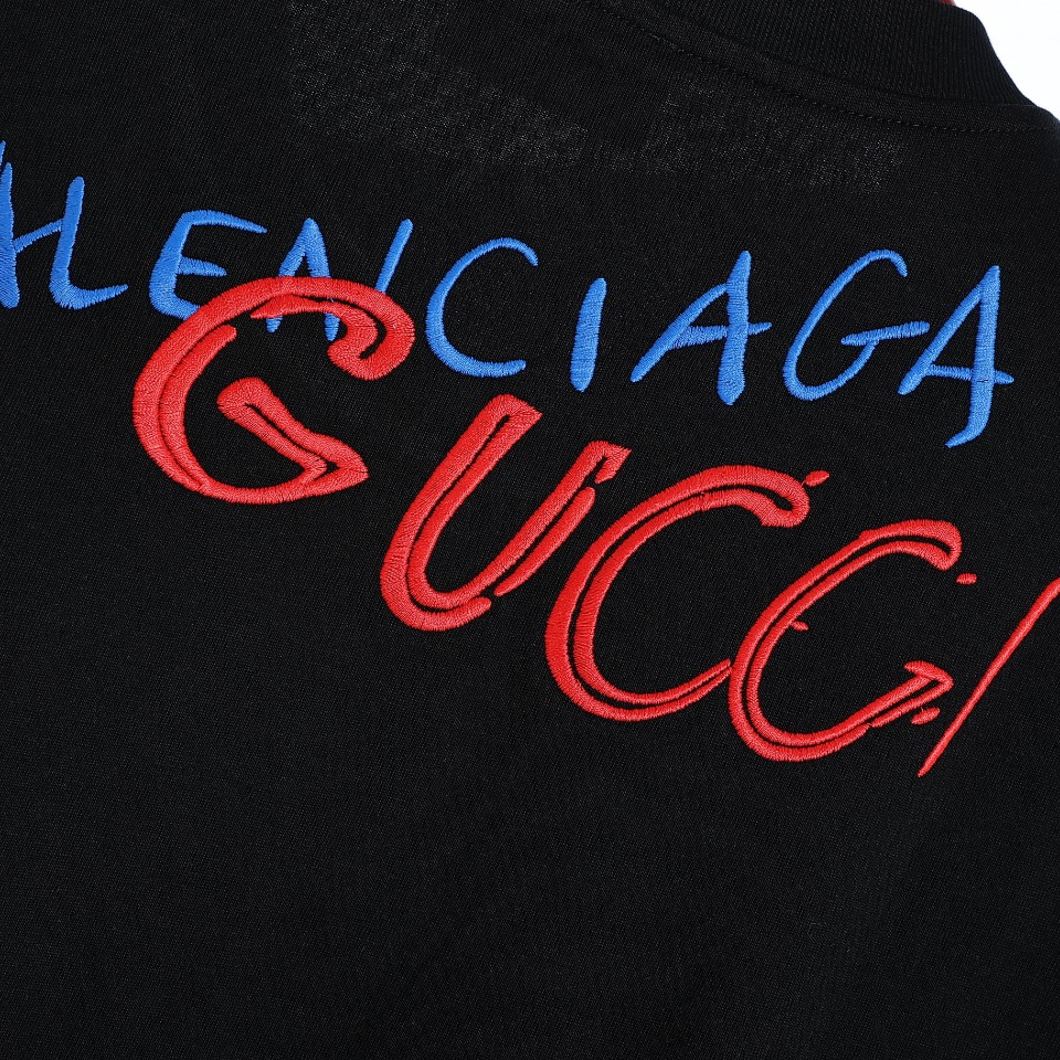 YESKICKS Gucci x Balenciaga Back Embroidery Round Neck T-Shirt For Unisex Black And Apricot