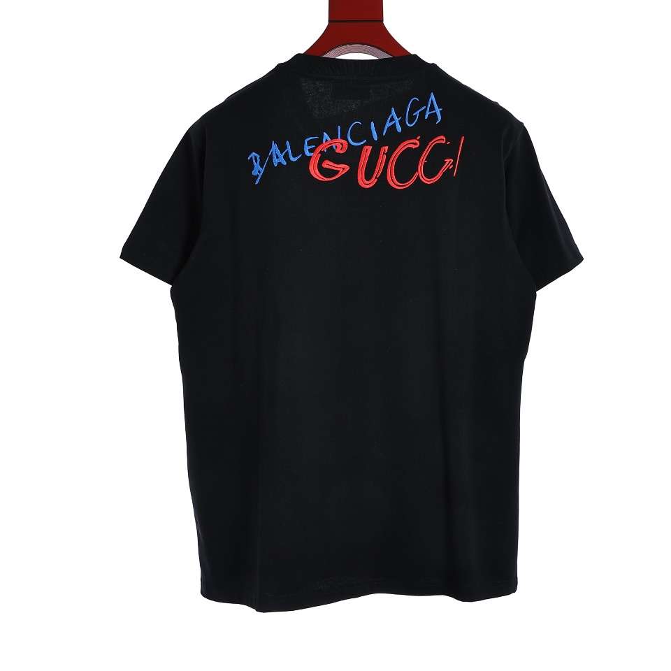 YESKICKS Gucci x Balenciaga Back Embroidery Round Neck T-Shirt For Unisex Black And Apricot