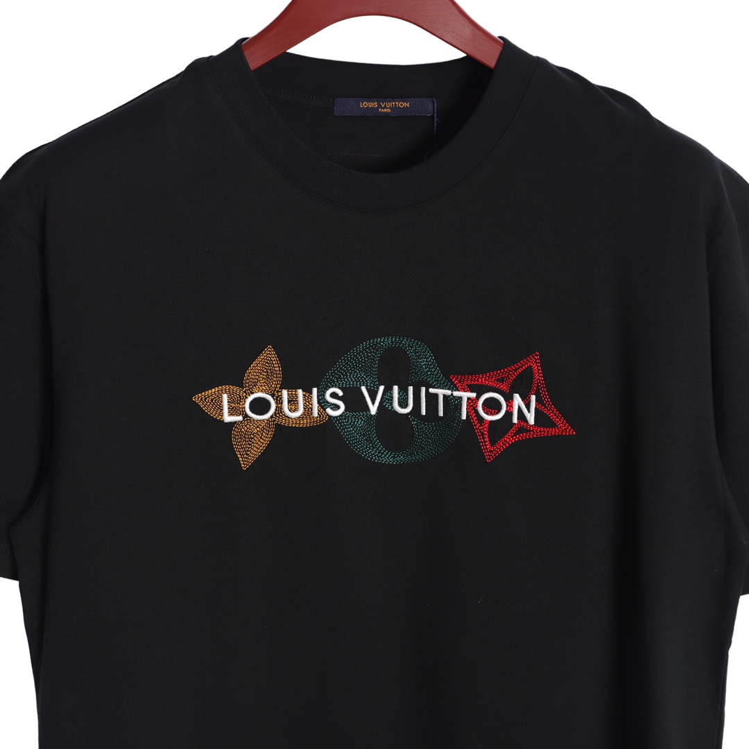 YESKICKS Louis Vuitton Embroidered Tri-Floral Letter T-Shirt For Unisex Black And White