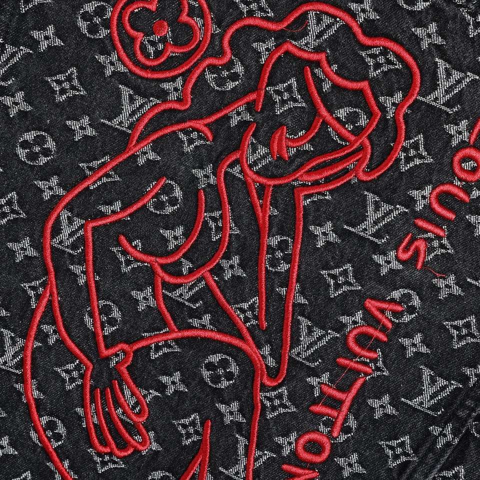 YESKICKS Louis Vuitton Monogram Little Red Man Jacquard Embroidery Denim Jacket For Unisex