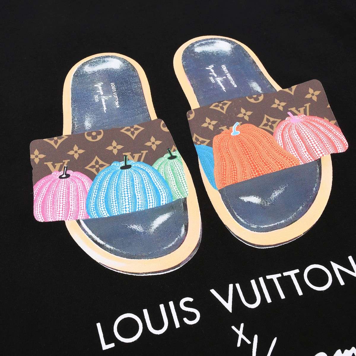 YESKICKS Louis Vuitton Slippers Cartoon Print T-Shirt For Unisex Black And White