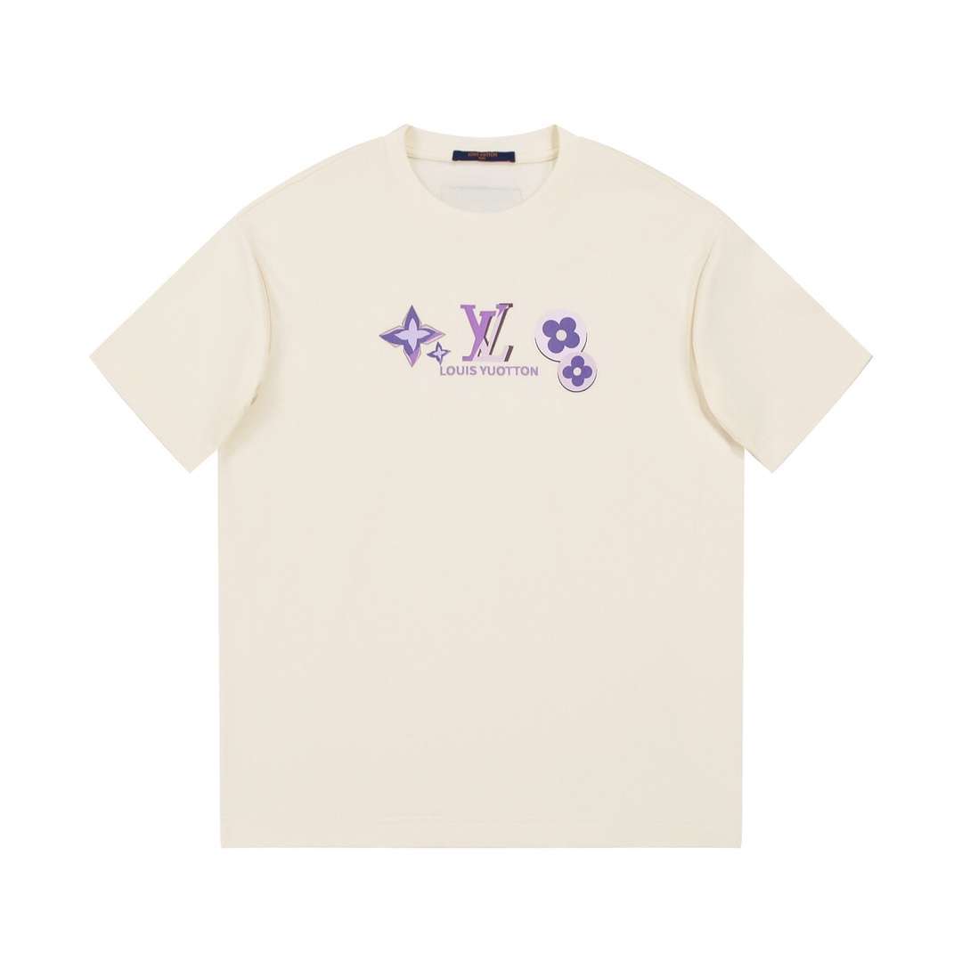 YESKICKS Louis Vuitton Color Clash Logo Flower Print T-Shirt For Unisex Gray And Apricot