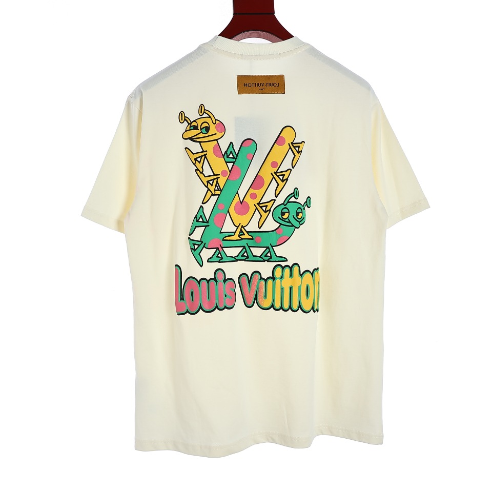 YESKICKS Louis Vuitton Colorful Graffiti Logo Cartoon Foam Printed T-Shirt For Unisex Black And Apricot