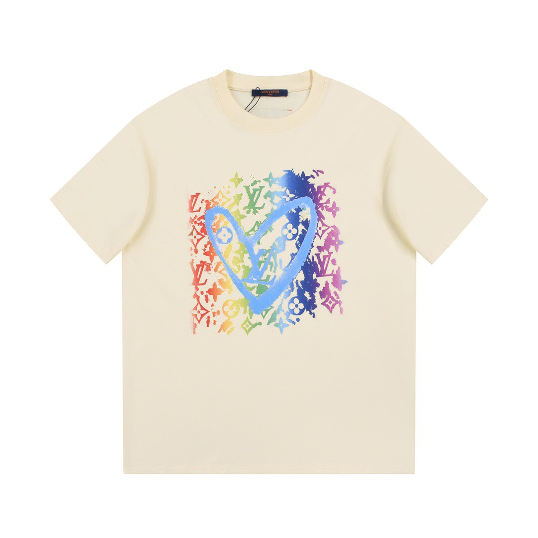 YESKICKS Louis Vuitton Love Element Pattern Print T-shirt for Unisex Black and Apricot