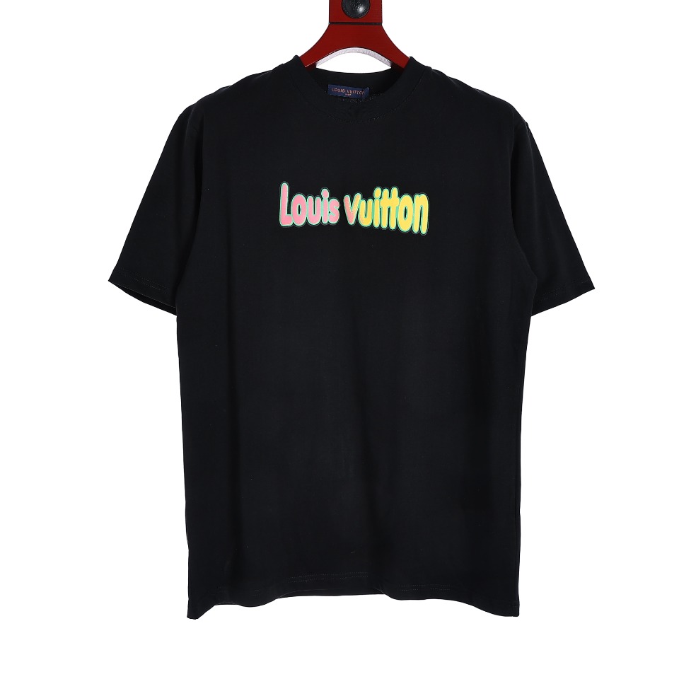 YESKICKS Louis Vuitton Colorful Graffiti Logo Cartoon Foam Printed T-Shirt For Unisex Black And Apricot