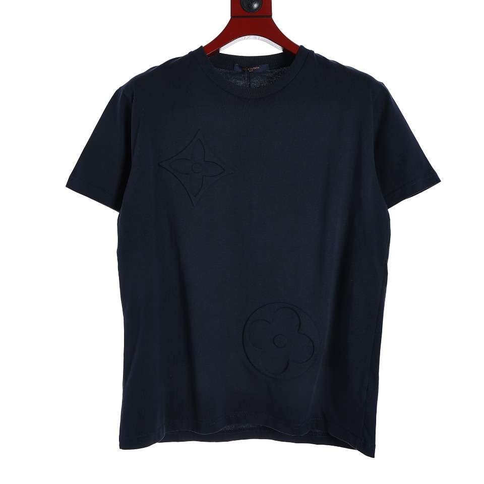 YESKICKS Louis Vuitton Logo Embossed T-Shirt For Unisex Navy Blue And Apricot