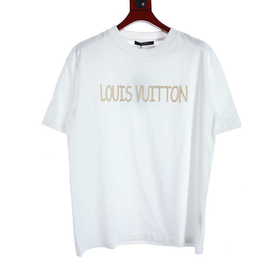 YESKICKS Louis Vuitton Embroidered Logo Letter T-Shirt For Unisex Grayish Blue And White