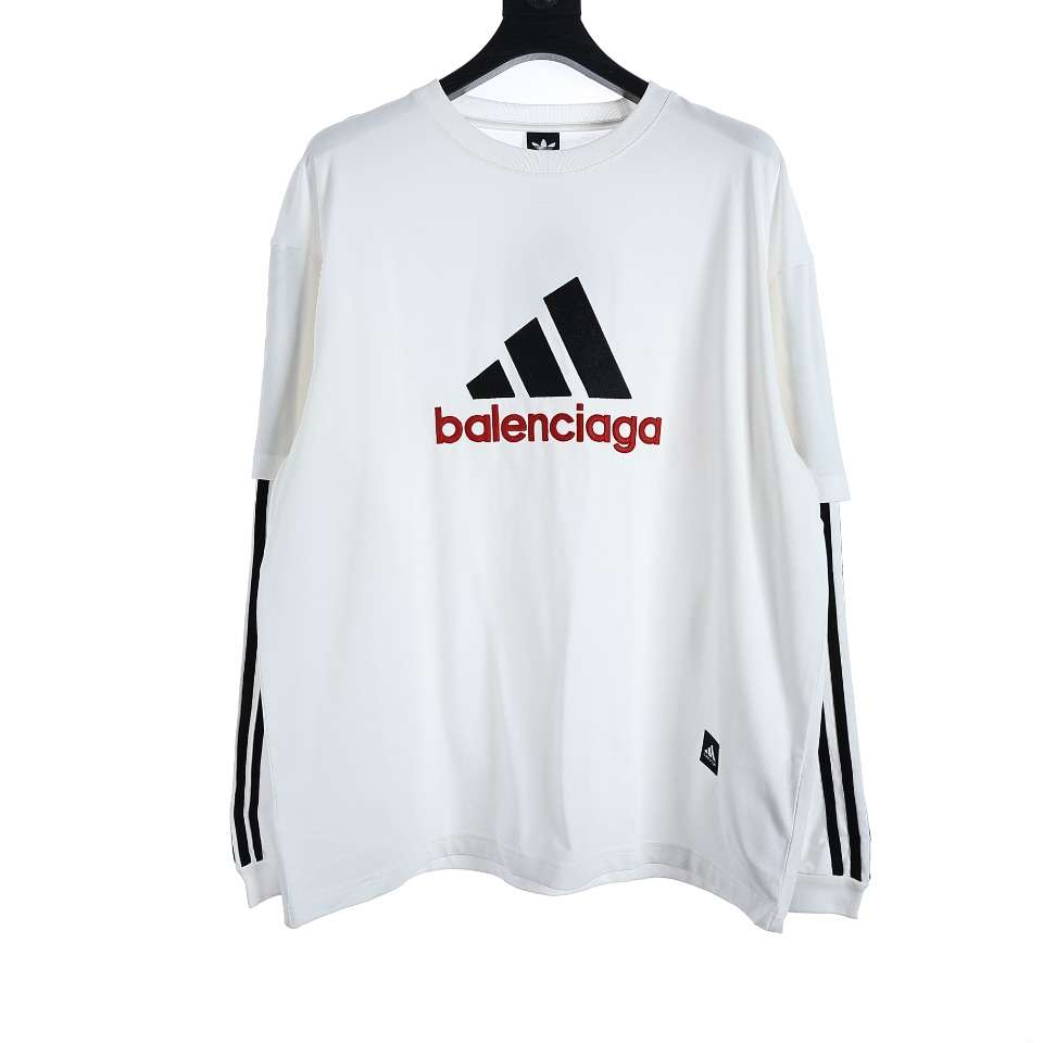 YESKICKS Balenciaga x Adidas Embroidered Fake Two Piece Sweatshirt For Unisex Black And White