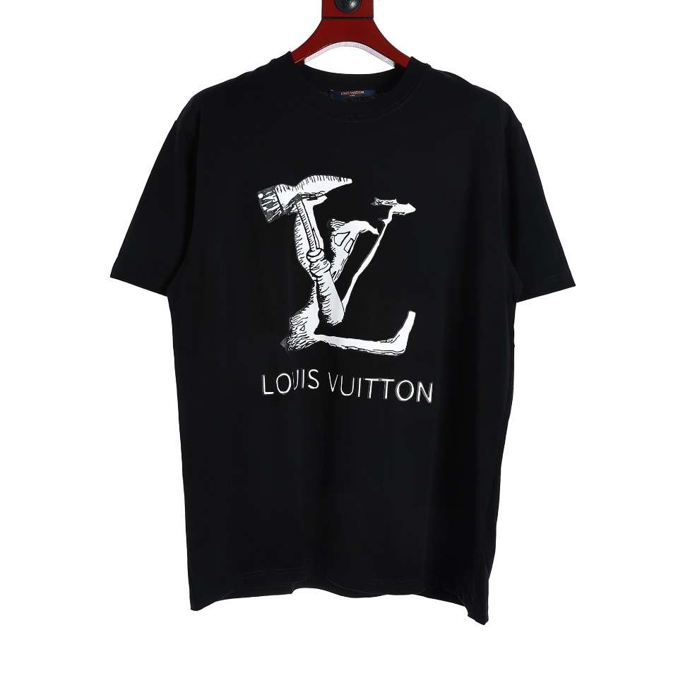 YESKICKS Louis Vuitton Hammer Tools Graphic Letter T-Shirt For Unisex Black And Apricot