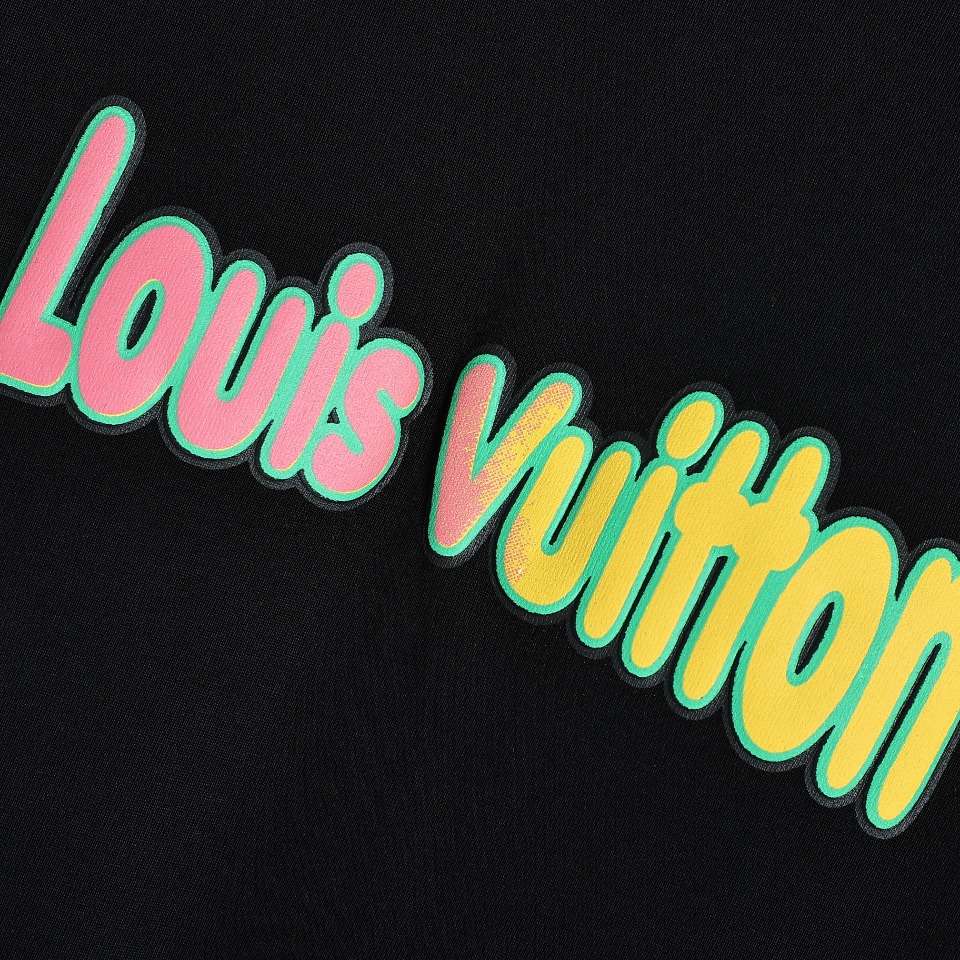 YESKICKS Louis Vuitton Colorful Graffiti Logo Cartoon Foam Printed T-Shirt For Unisex Black And Apricot